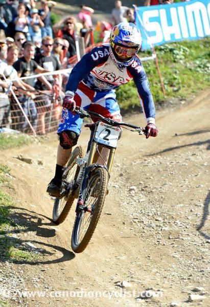 Aaron Gwin (United States) rolls into the finish after a brake failure