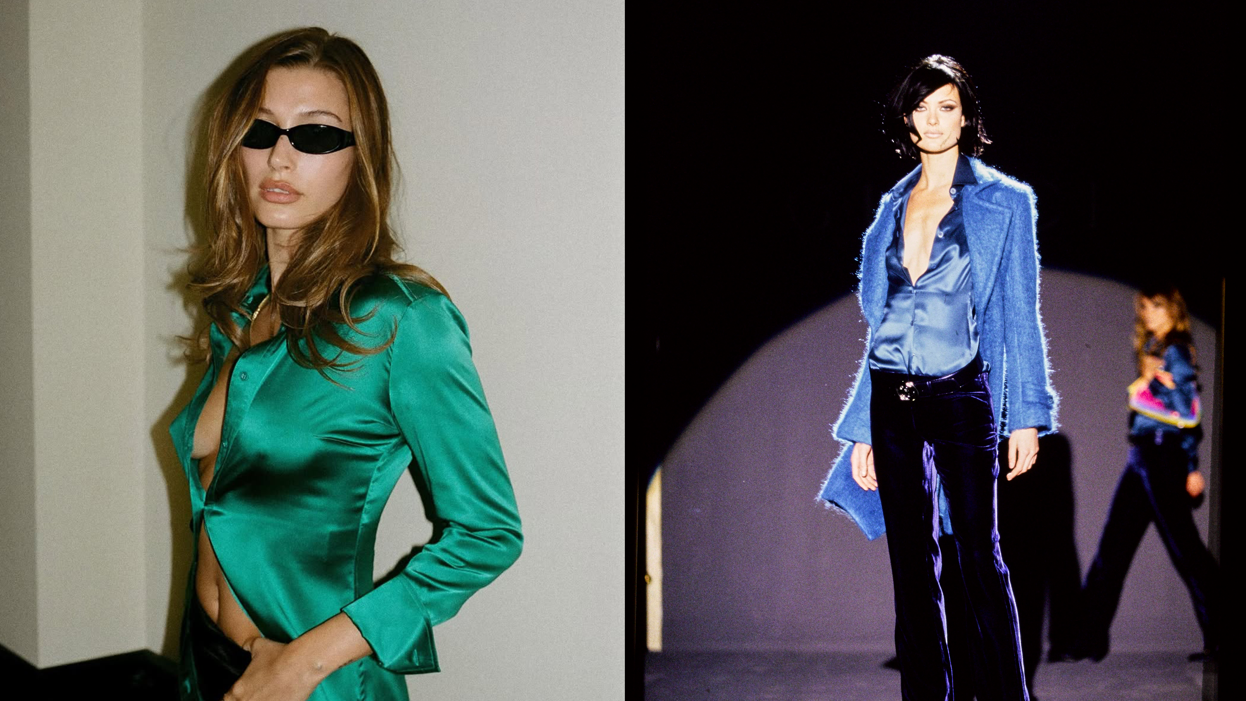 Hailey Bieber wearing a Gucci silk shirt and a model on the Gucci fall 1995 runway