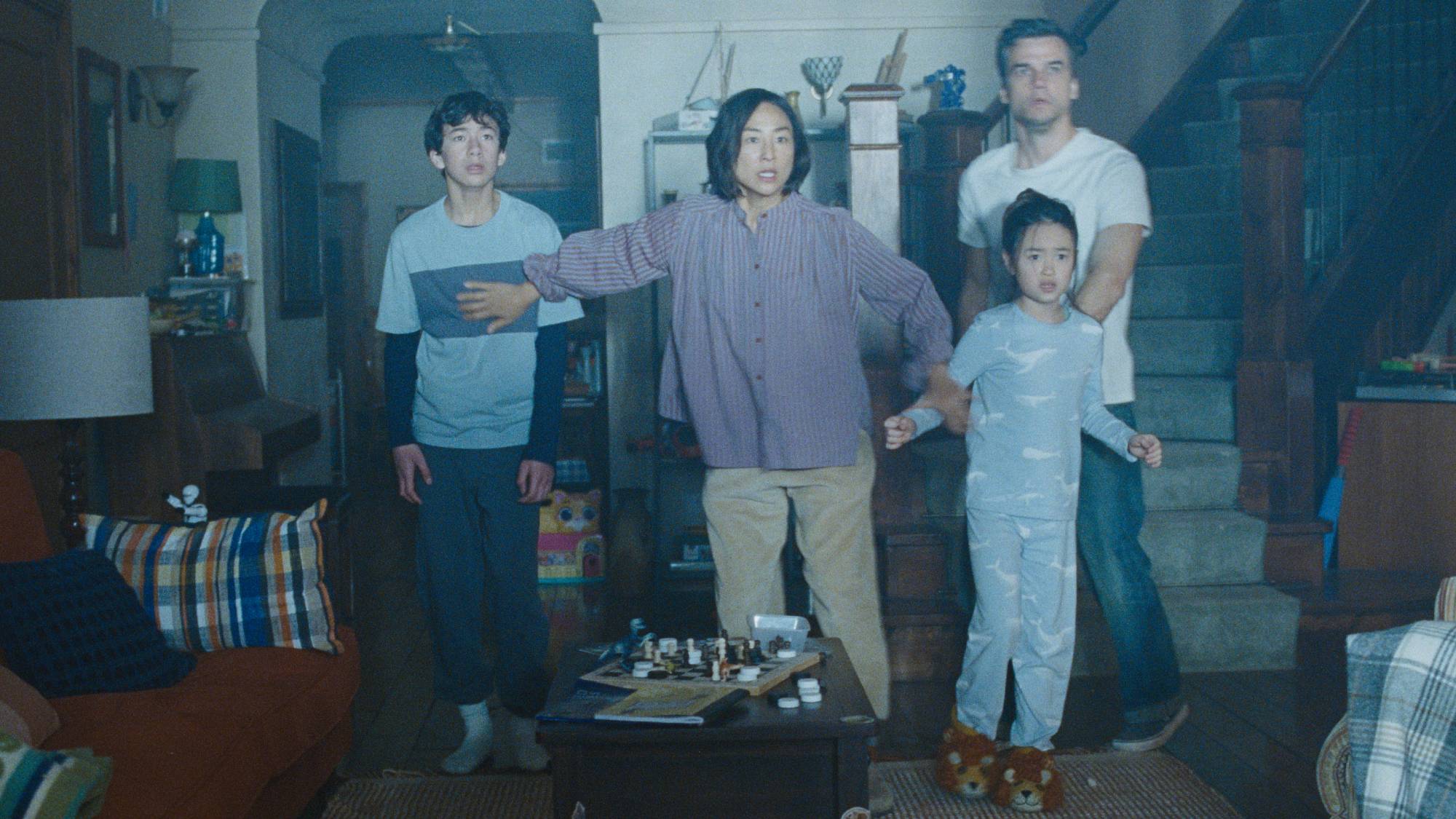 (L-R) Noah Alexander Sosnowski as Graham, Greta Lee as Ann, Riley Chung as Ruth and Wagner Moura as Jason in "The Last House"