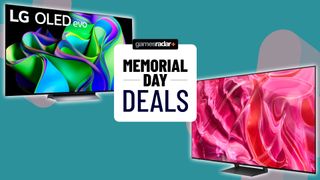 LG OLED C3 and Samsung S90C TVs with GamesRadar+ 'Memorial Day deals' badge in the centre