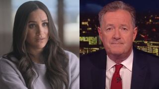 From left to right: screenshots of Meghan Markle in Harry and Meghan and Piers Morgan on Piers Morgan Uncensored. 