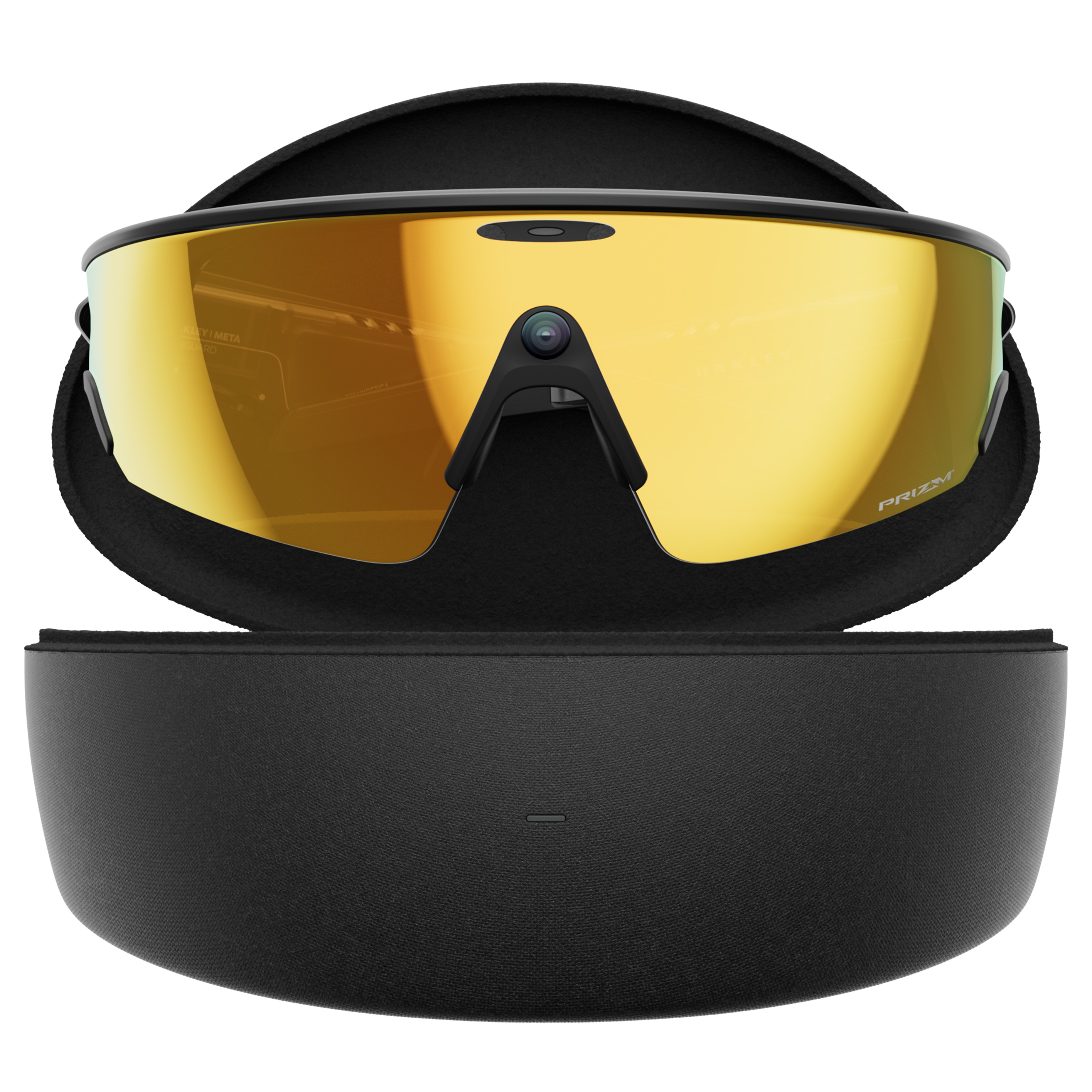 An official product render of Oakley Meta Vanguard smart glasses with black frames and 24K PRIZM lenses