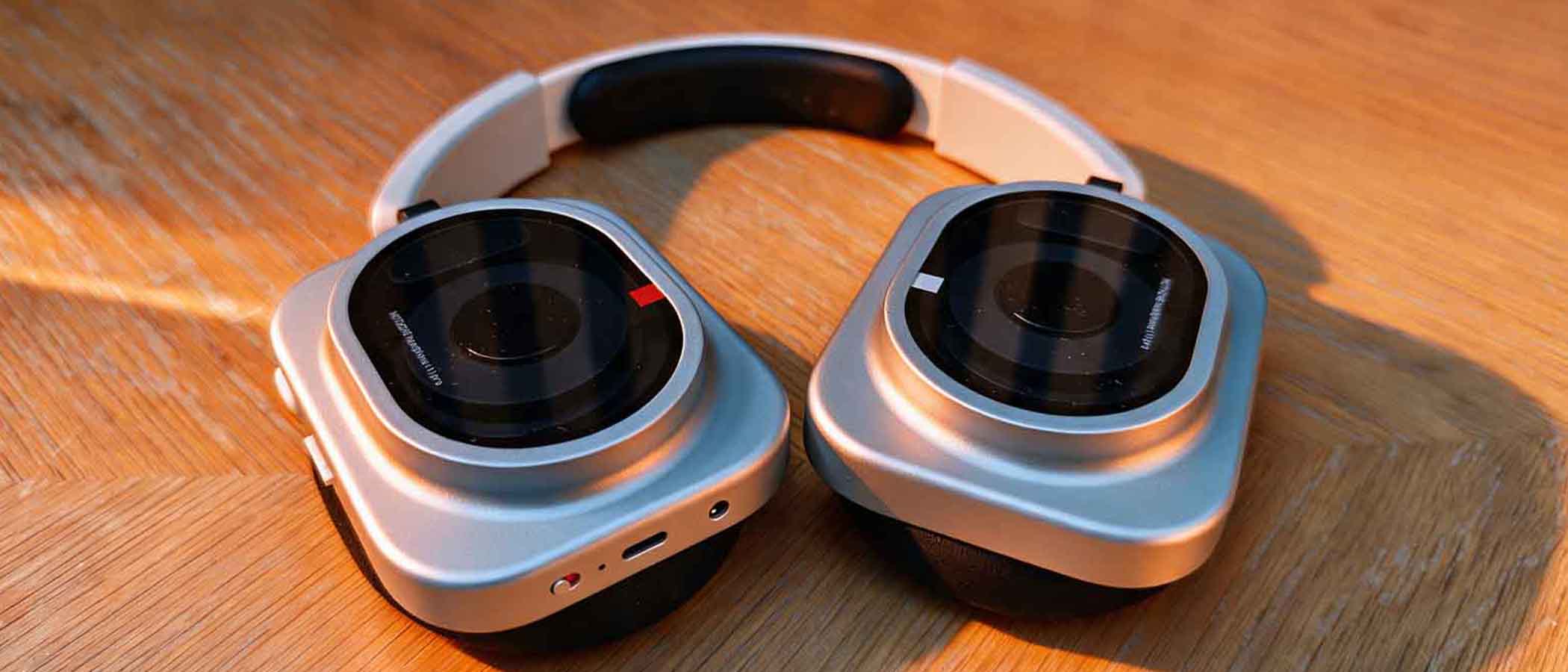 A pair of white headphones on a wooden table