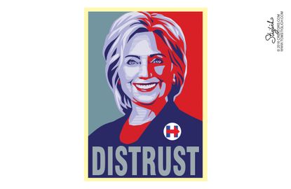 Political cartoon U.S. 2016 election Hillary Clinton Distrust poster