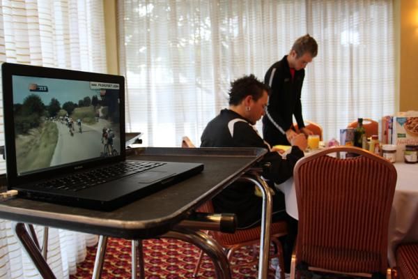 The Giro d'Italia plays live during team breakfast. At the Amgen Tour of California BMC is fielding a full squad headed into the sixth stage, but in Italy the team is down to five riders.