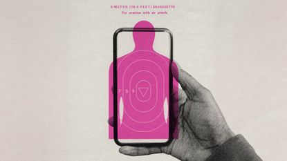 Photo collage of a hand holding a smartphone. Overlaid on top of the screen is a human-shaped shooting practice target rendered in pink, with an inverted triangle for a bullseye.