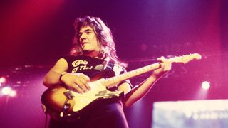 Photo of DEEP PURPLE and Tommy BOLIN; Tommy Bolin performing live onstage, playing Fender Stratocaster guitar