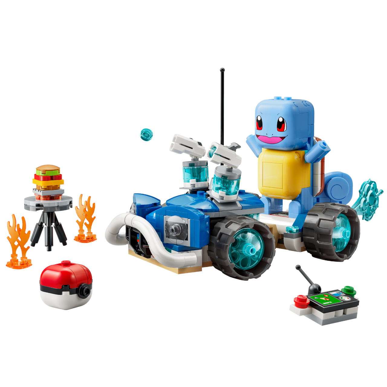 Lego Squirtle on a blue car against a plain background, with accessories visible