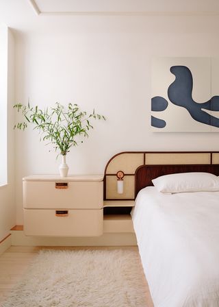 bedroom ideas with statement rattan headboard and beige walls