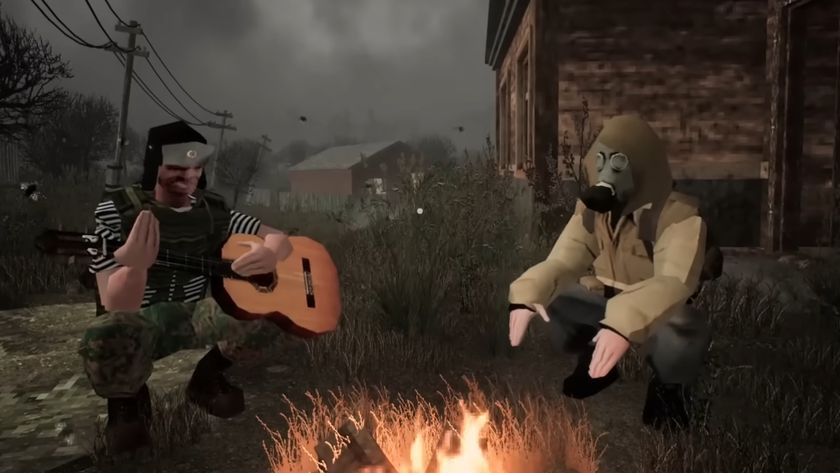 A pair of scavengers squat near a fire in Misery. One plays a guitar. Another is wearing a gasmask.