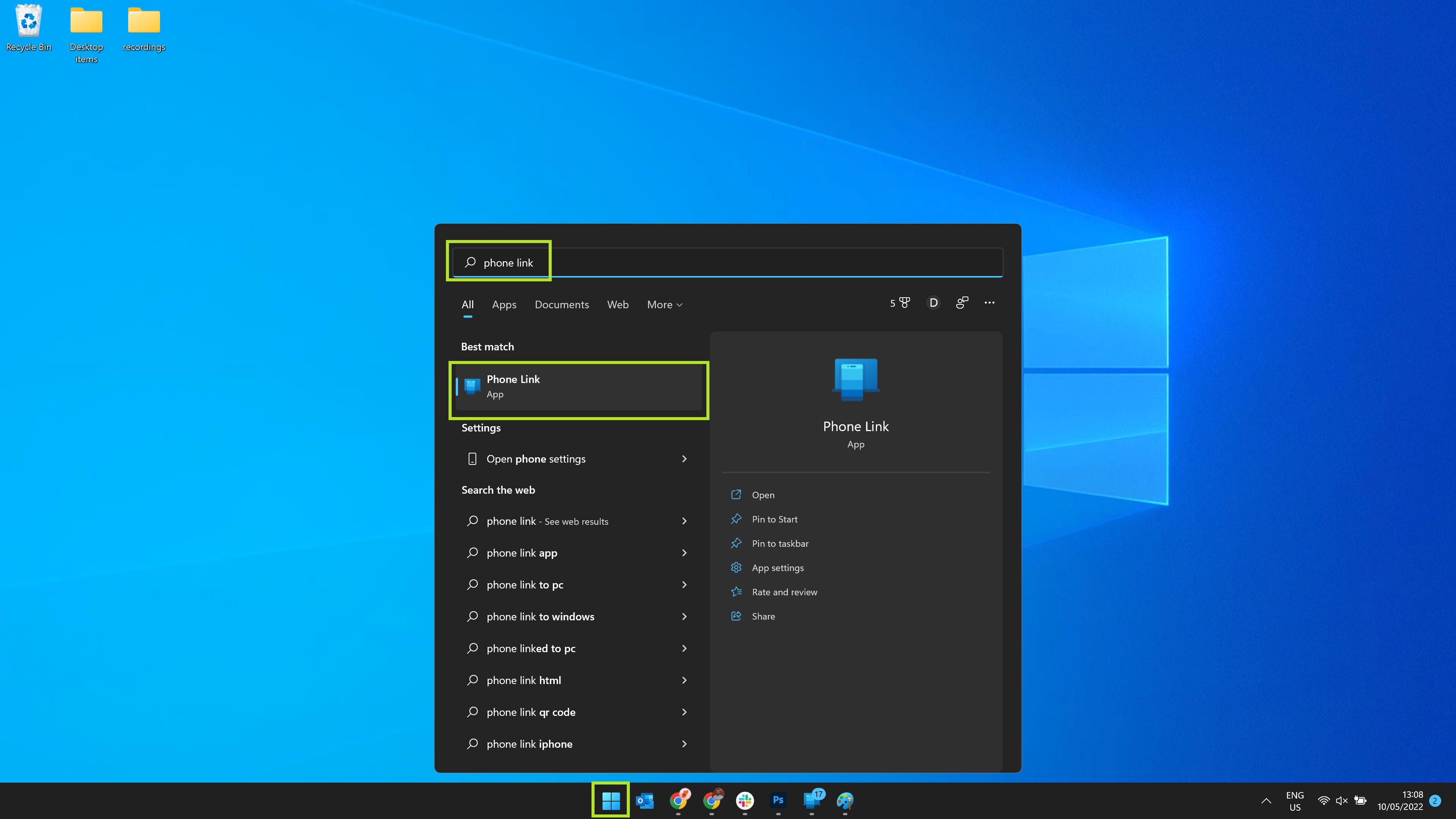 Windows Start menu with Phone link highlighted