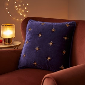 Purple Crushed Velvet Embroidered Stars Square Cushion