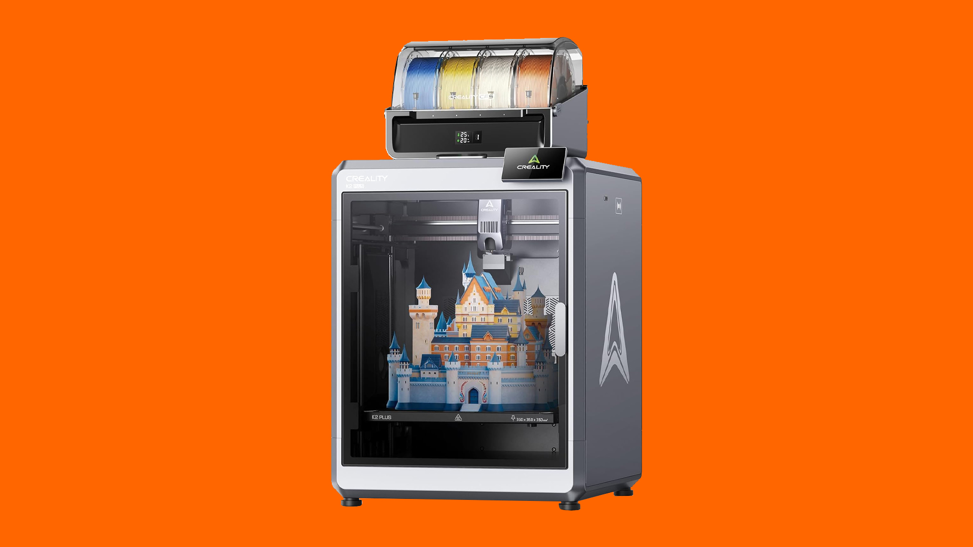A 3D printer sits on an orange background. 