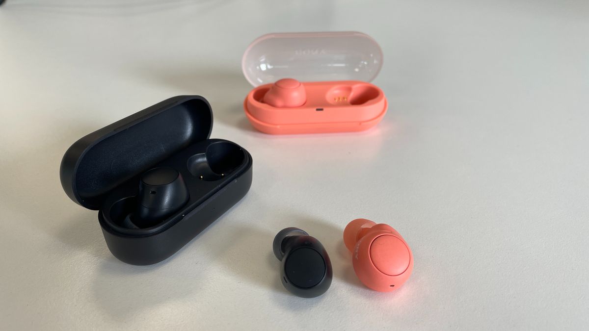 Sony WF-C510 in black and Sony WF-C500 in coral next to each other
