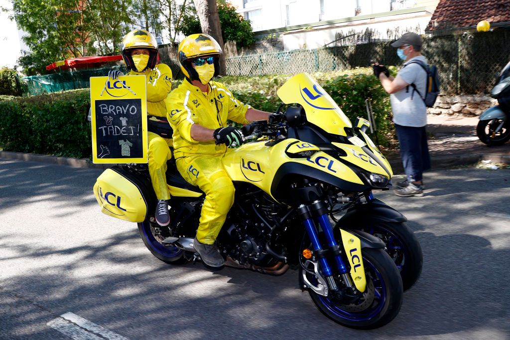 PARIS FRANCE JULY 18 Ardoisier Blackboard Time Table Motorbike during the 108th Tour de France 2021 Stage 21 a 1084km stage from Chatou to Paris Champslyses LeTour TDF2021 on July 18 2021 in Paris France Photo by Chris GraythenGetty Images