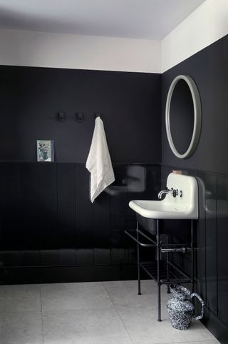 gloss black paneling in a black bathroom