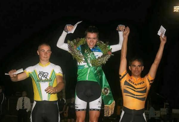 A Grade Scratch Race podium (L-R): Maddison Hammond, Scott Law and Akmal Amrun.