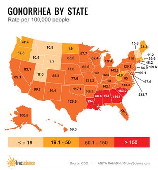 Rates of gonorrhea infection in 50 states in 2012.
