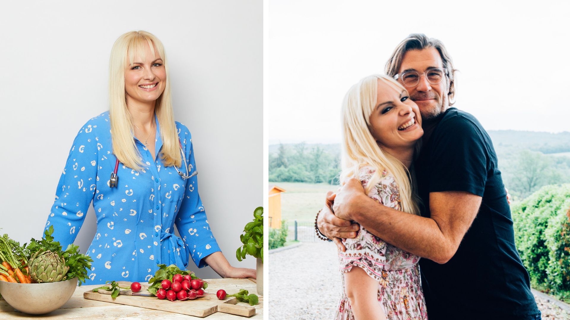 Left: Dr Gemma in a kitchen with fresh ingredients. Right: Dr Gemma hugging husband Rich