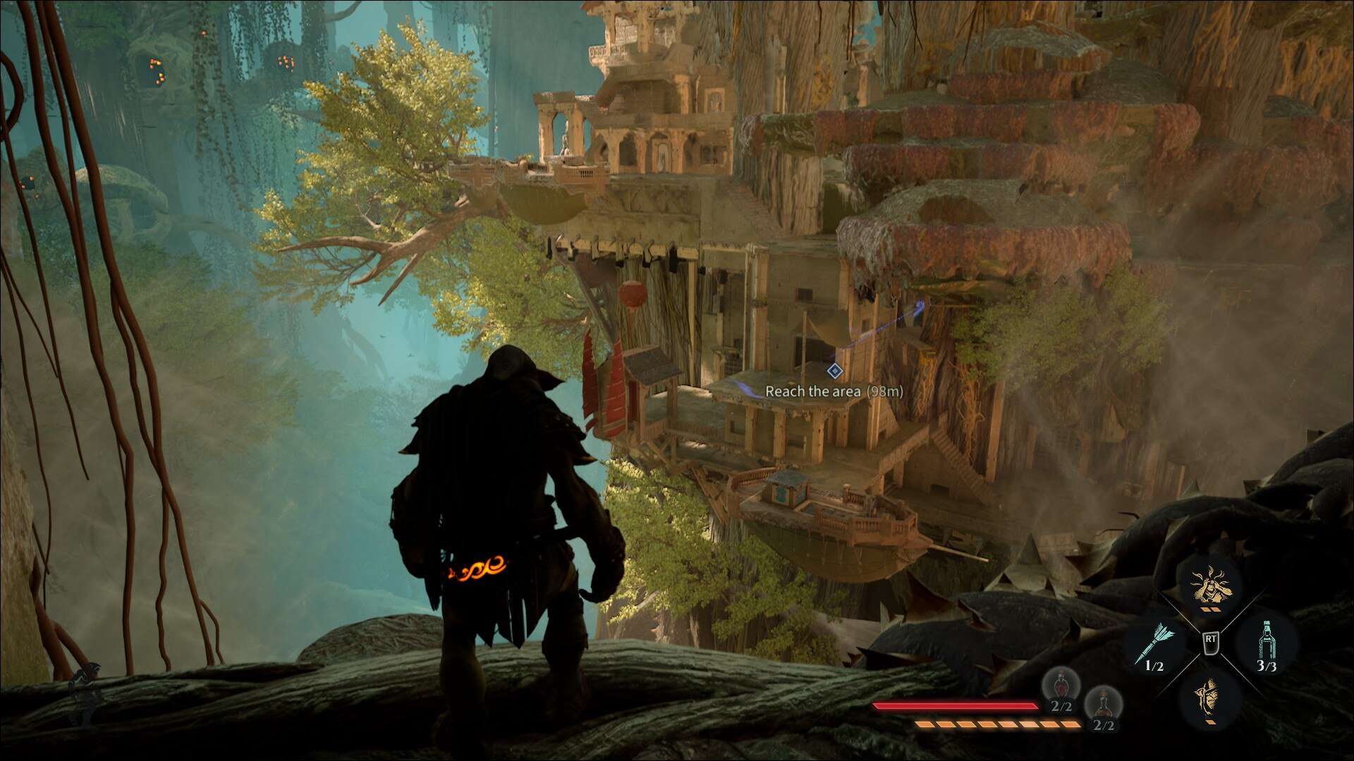 A goblin looks at a huge cliffside settlement in the distance