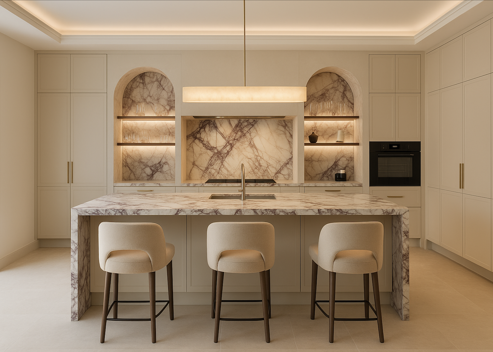A kitchen with a large island and beside the island are three kitchen stools. Above the island is a large pendant light hanging. There is also a view of open shelving on either side of he kitchen stove with warm lighting peeking out.