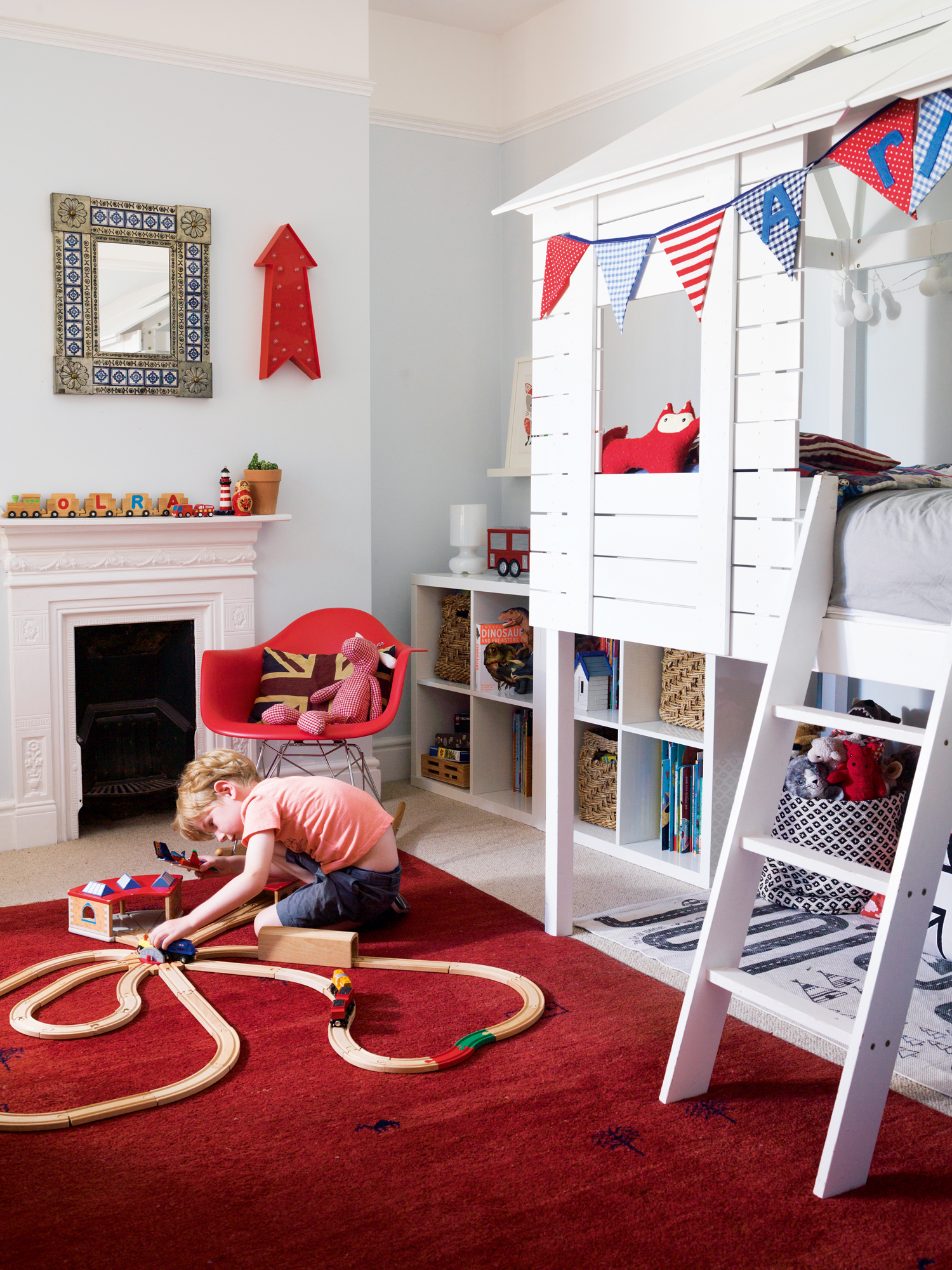 kids bedroom with bunk bed and storage