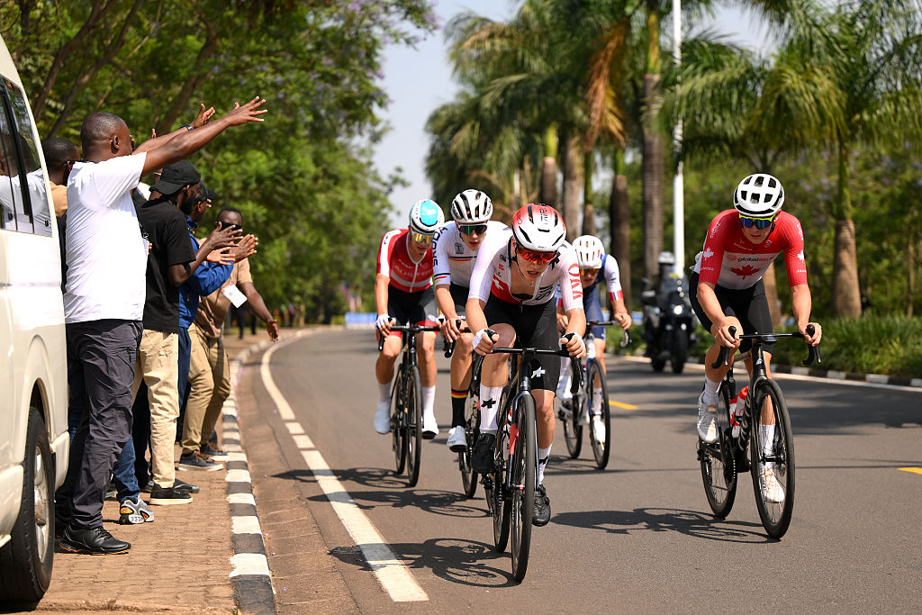Zeno Levi (Germany), Loic Schertenleib (Switzerland) and Ben Morin (Canada) in a chase group during the early part of the race