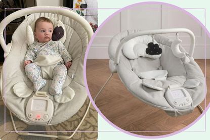 Our tester's daughter pictures in the Apollo bouncer from Mamas and Papas alongside an image of the bouncer seat