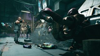 A screenshot of Kiborg showing a costumed man falling backwards after an attack by a muscly moustachio'ed man