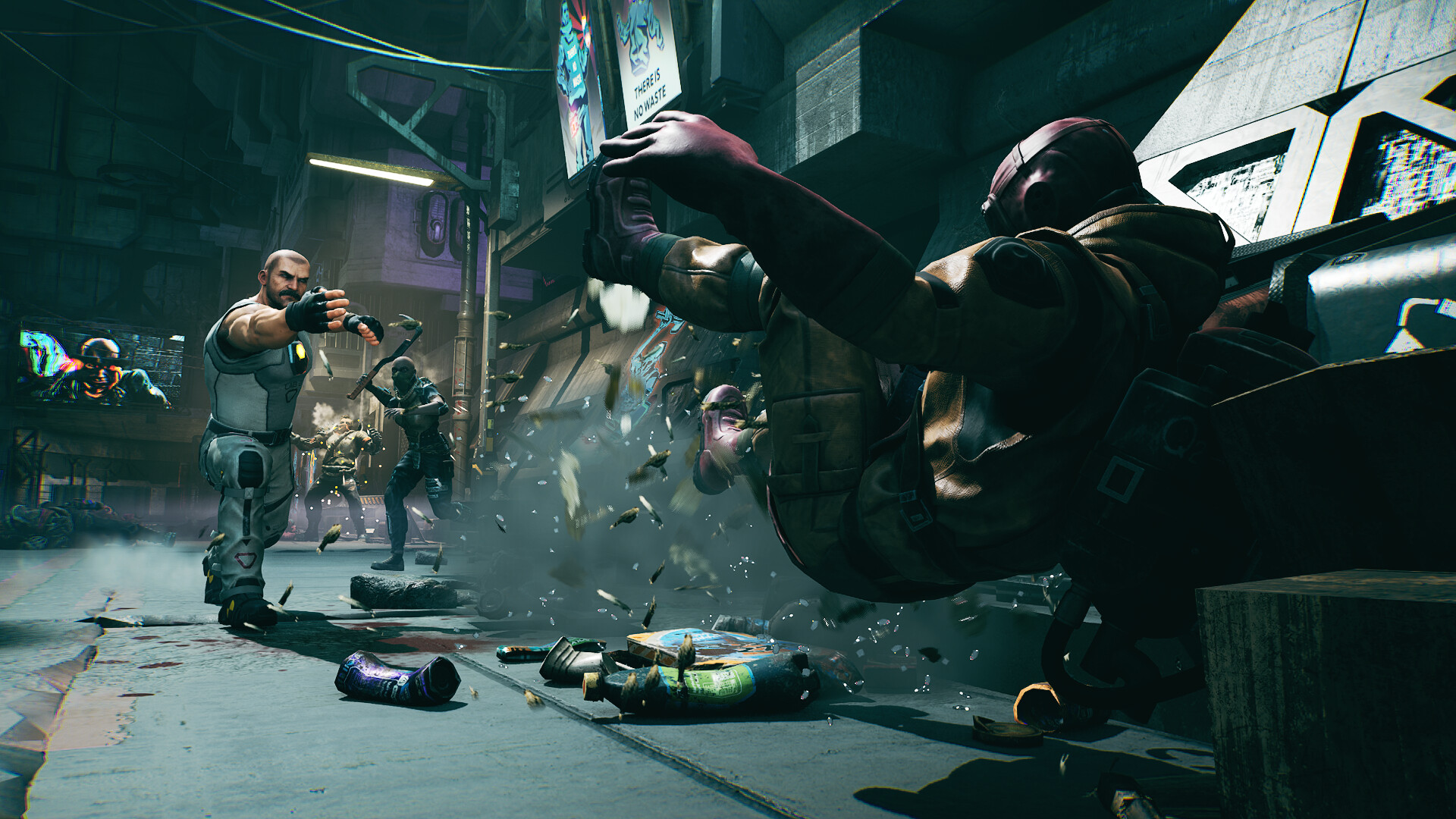 A screenshot of Kiborg showing a costumed man falling backwards after an attack by a muscly moustachio&#039;ed man