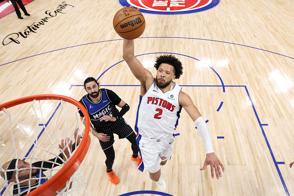 DETROIT, MICHIGAN - APRIL 22: Cade Cunningham #2 of the Detroit Pistons drives to the basket in front of Goga Bitadze #35 of the Orlando Magic in the first half during game two of the first round of the eastern conference playoffs at Little Caesars Arena on April 22, 2026 in Detroit, Michigan. NOTE TO USER: User expressly acknowledges and agrees that, by downloading and or using this photograph, User is consenting to the terms and conditions of the Getty Images License Agreement. (Photo by Gregory Shamus/Getty Images)