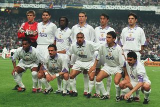 AMSTERDAM- MAY 20: The Real Madrid team line up before the Champions League Final football match against Juventus at the stadium Amsterdam Arena on May 20, 1998 in Amsterdam, Netherlands. (Back Row L to R) Ilgner, Hierro, Seedorf, Redondo, Panucci, Morientes. (Front Row L to R) Karembeu, Mijatovic, Roberto Carlos, Raul, Sanchis.