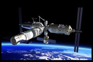 China’s 60-ton medium-size space station is depicted in this artwork.