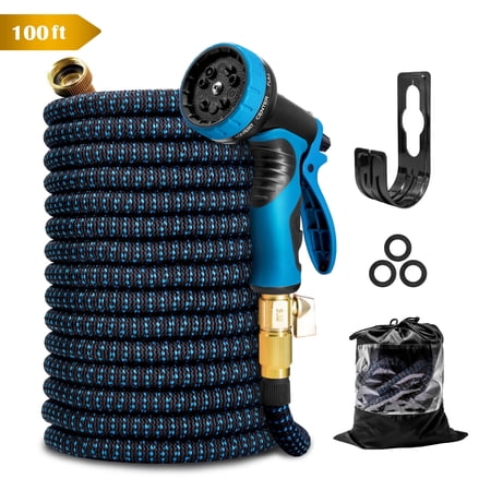 Kotto 100 Ft Flexible Garden Hose, Water Hose for Outside With 10 Spray Nozzles, Brass Connector, Leak-Proof, Blue, Gifts for Dad