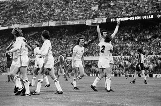 Aston Villa players celebrate during their European Cup final win over Bayern Munich at Rotterdam's De Kuip stadium in 1982.