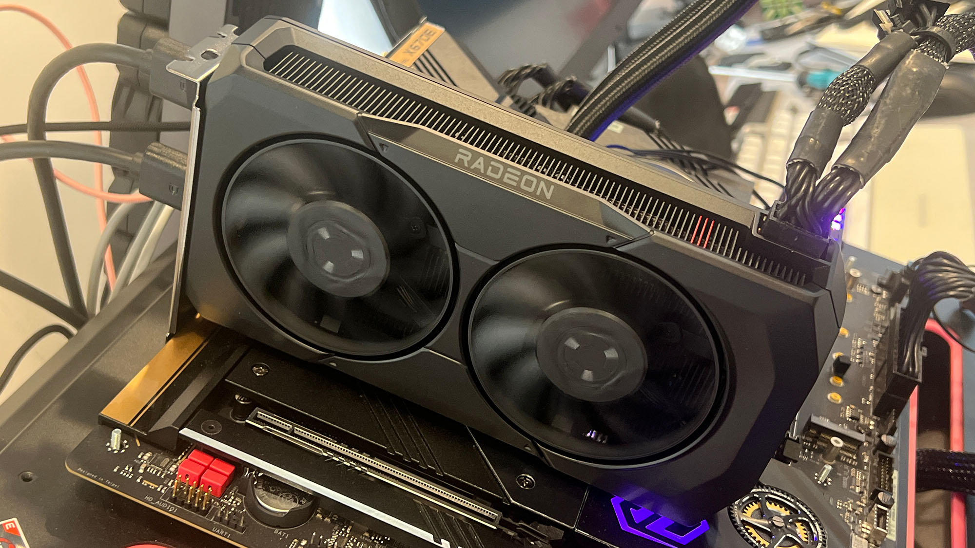 An AMD Radeon RX 7600 on a desktop