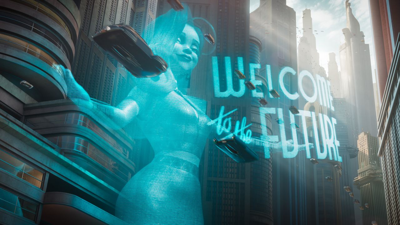 A holographic woman with the phrase 'welcome to the future' in front of her in Ray Gunn