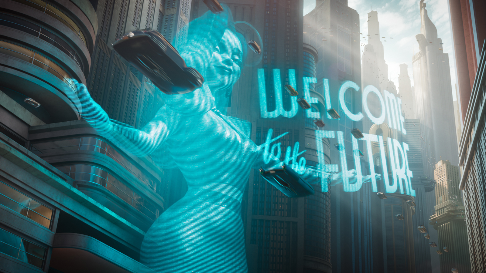 A holographic woman with the phrase 'welcome to the future' in front of her in Ray Gunn