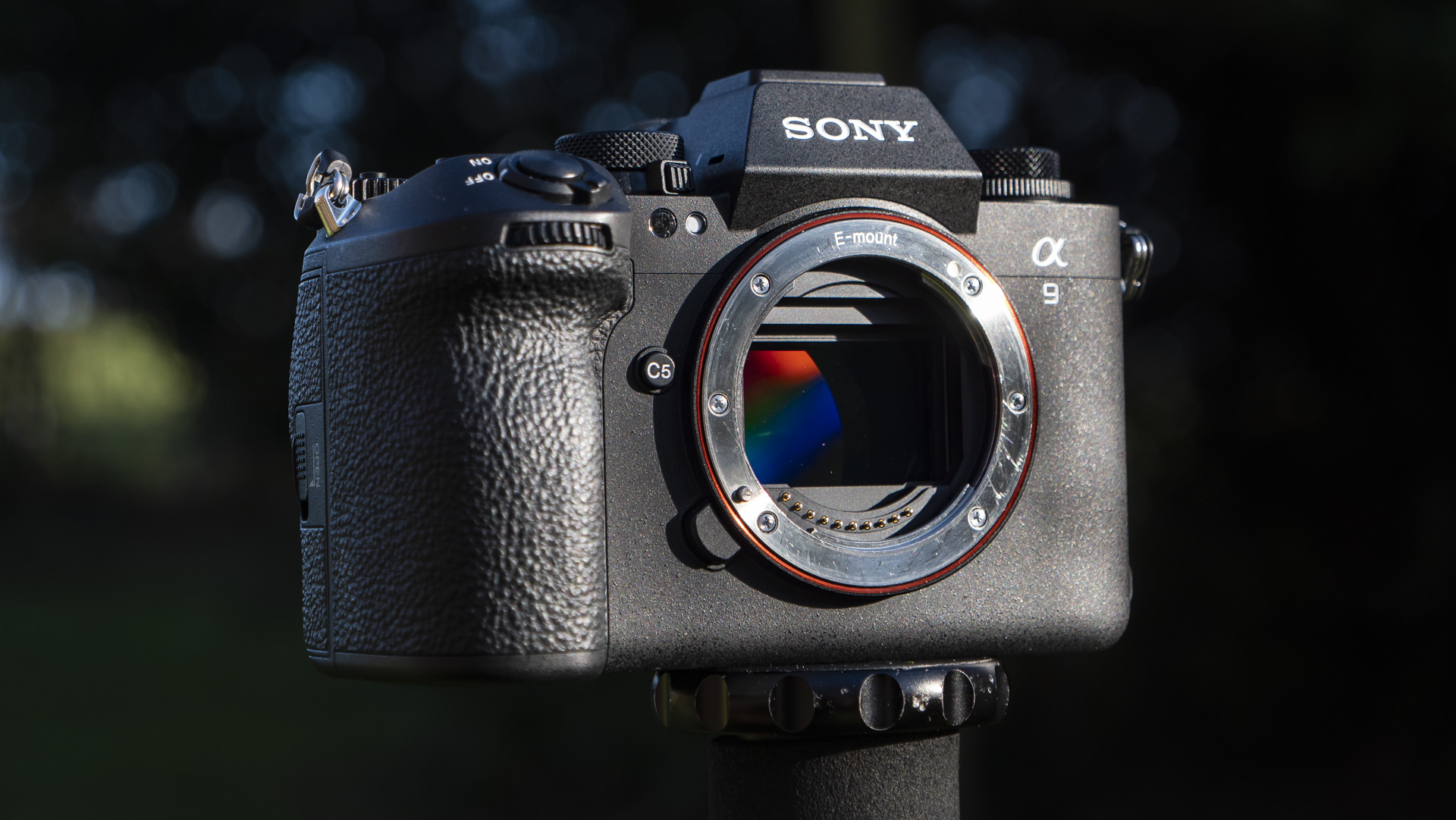 Sony A9 III camera outside with background foliage, no lens attached