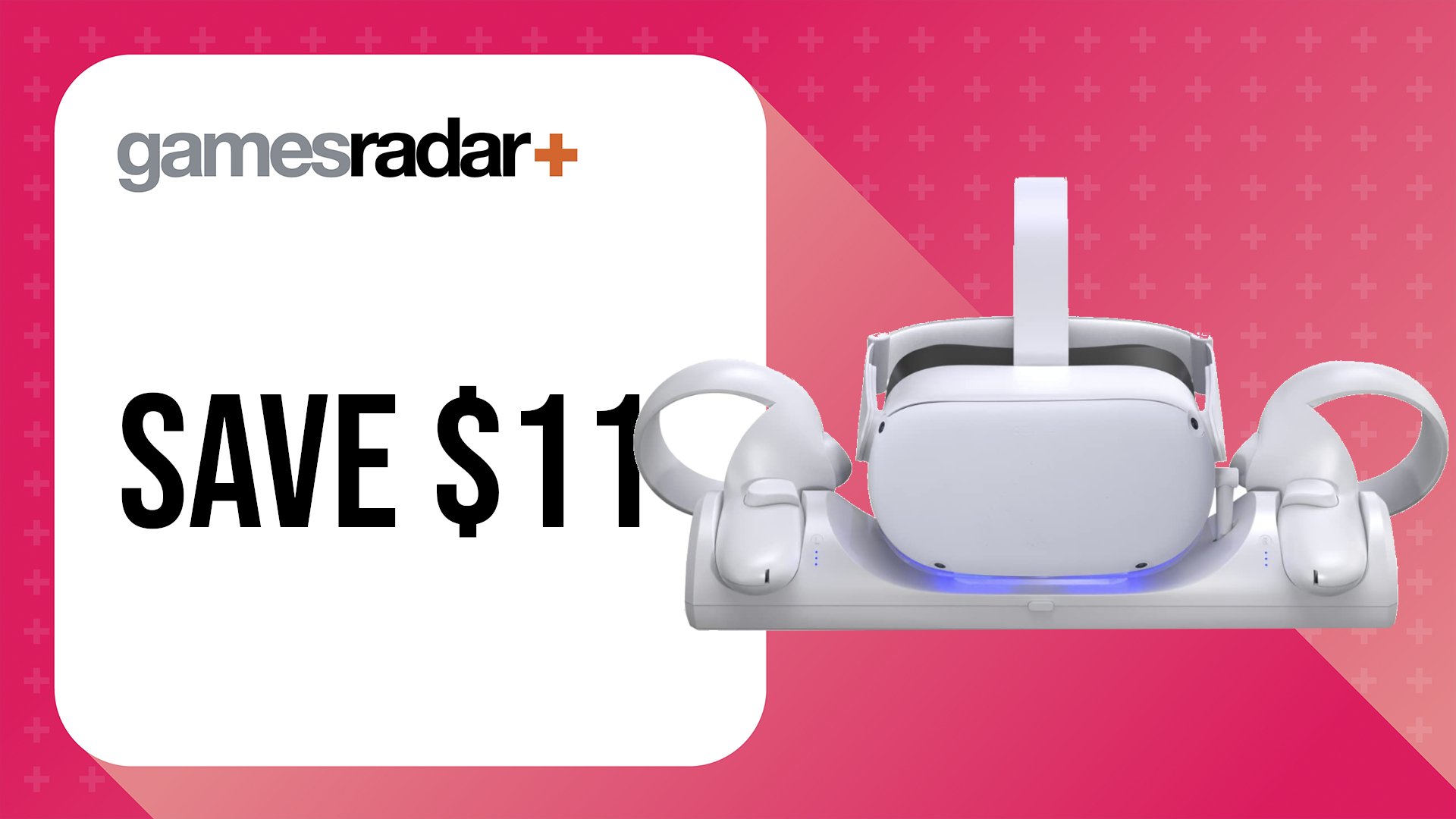 VR charging station for Quest 2 deal image with $11 saving stamp