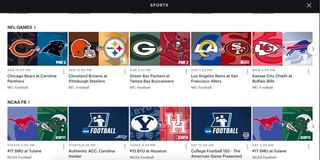 A listing of upcoming NFL and NCAA football games on Hulu Live TV