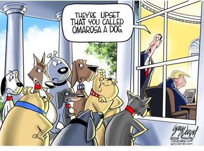 Political cartoon U.S. Trump Omarosa dog white house administration