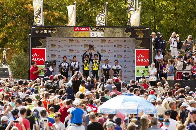 Men's overall podium (L to R): Frantiske Rabon &amp; Christoph Sauser Meerendal Songo (2nd), Robert Mennen &amp; Kristian Hynek of Topeak Ergon Racing (1st) and Tim Boehme &amp; Simon Stiebjahn of Bulls 2 (3rd)