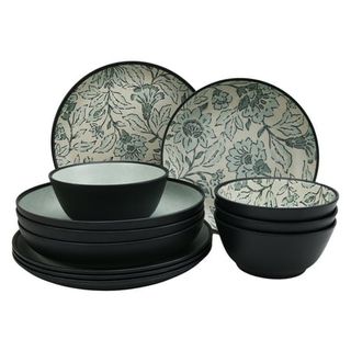 Better Homes & Garden 12-Pack Bamboo Melamine Dinnerware Set, Botanical and Linen Print