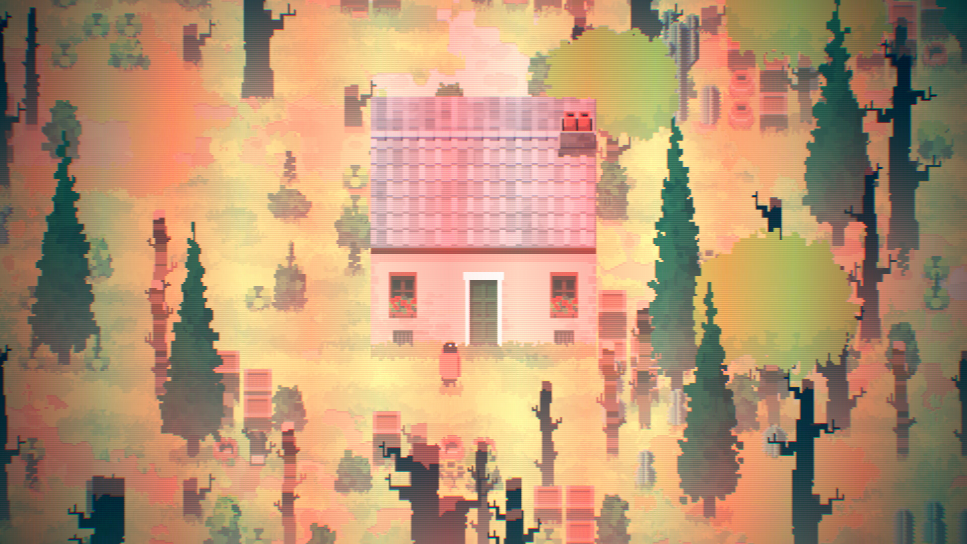A Simpler World - a small figure in a cloak n a forest beside a house