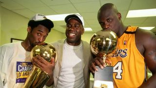 Kobe Bryant, Magic Johnson and Shaq celebrating after the Lakers win a championship captured in Legacy: The True Story of the LA Lakers