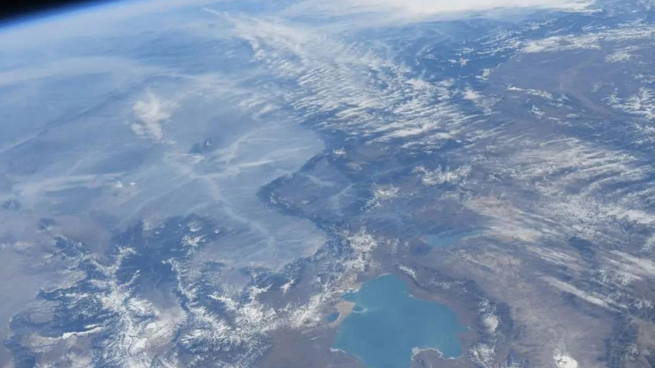 An image taken by Wang on Nov. 18 shows Qinghai lake at the bottom of the image pointing east towards the distant East China Sea.