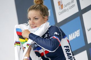 Pauline Ferrand-Prevot (France) tries on the rainbow jersey