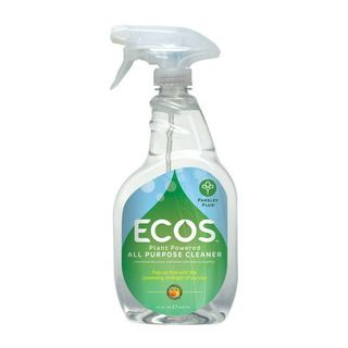  clear plastic spray bottle with a white spray lid. Clear cleaning liquid inside. a green and blue label with ECO branding