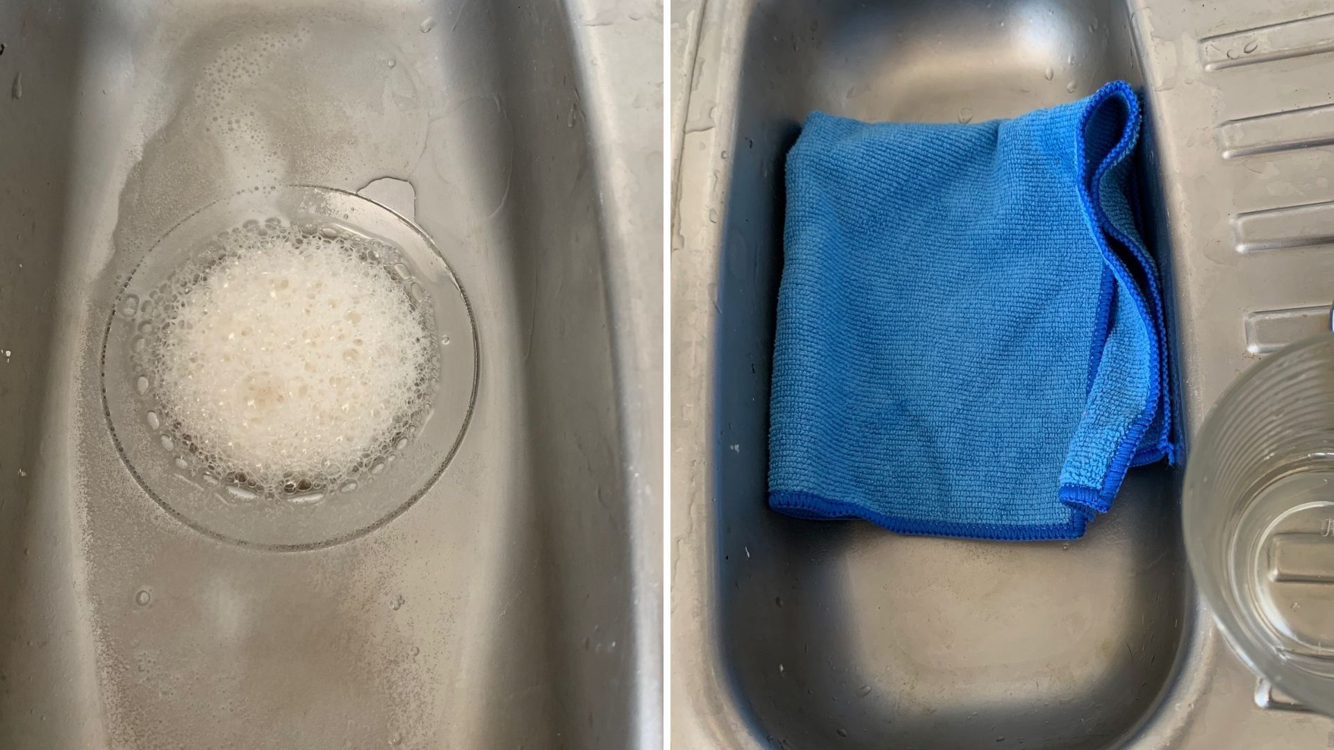 Stainless steel kitchen sink drain with foam resulting from baking soda and vinegar being mixed to clean with a blue microfibre cloth placed over the plughole